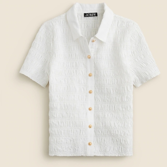 J.Crew White Smocked Cotton Voile Button Up Shirt NWT Size M Short Sleeve - Picture 3 of 9